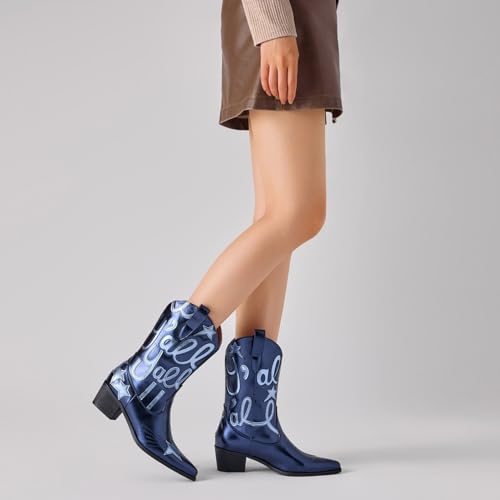Image of Metallic Cowboy boots for Women Embroidered Mid Calf Womens Cowgirl Boots Western Pointed Toe Chunky Heel