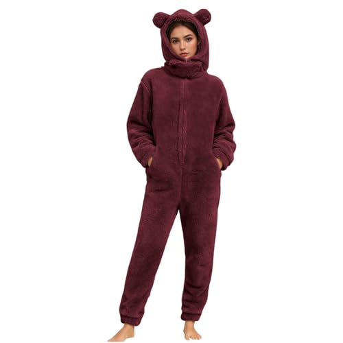 Pijama de forro polar para mujer, de invierno, afelpado, largo, pijama entero cálido, con capucha, lindo, pijamas de invierno, elegante, cómodo, dos piezas y pantalón largo, ropa de casa suave, Vino