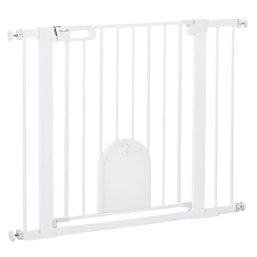 Pawhut Barrera de Seguridad para Perros Mascotas 75-103 cm para Escaleras y Puertas con 2 Extensiones Cierre Automático y Sistema de Doble Bloqueo Blanco