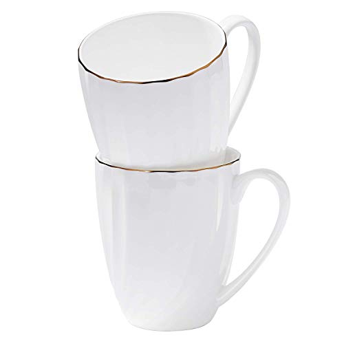 Chulan Tea Coffee Mug Set 2pc Bone China Porcelain Mugs Fine White Mug with Stripes Patterns and Gold Trim 12 Oz Ceramic Tea Cup Flask for Friends Family Lovers Gifts