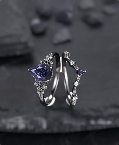 Pear shape blue sandstone womens stacking ring engagement ring set, 925 silver eternity ring for women, anniversary ring set,art deco promise ring4