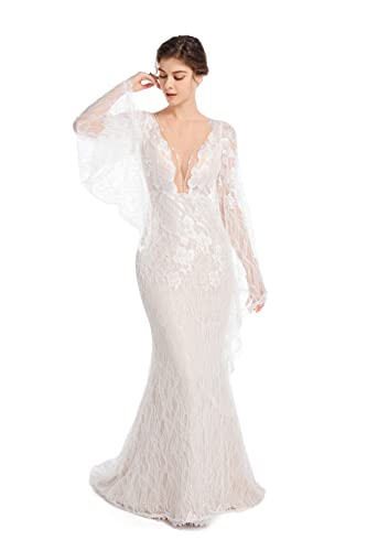 Luxury Lace Flare Sleeves Mermaid Wedding Dress Boho Beach Sexy Deep V Open Back Bridal Gowns3