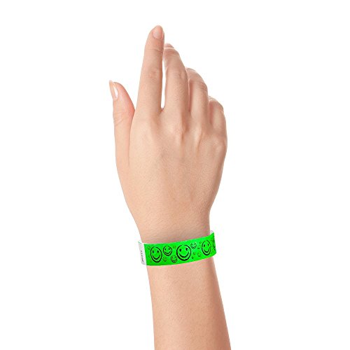 Image of 500 WristCo Neon Green Smiley Face Tyvek Wristbands for Events | Comfortable Water /Tear-Resistant - USA Made Tyvek Wristband ID Bracelets for Events, Concerts, Party Security, VIP Admission