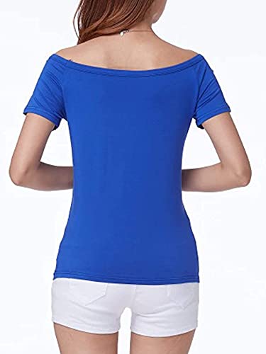 LilyCoco Women's Off Shoulder Tops Short Sleeve Casual Summer Slim Fit T-Shirts Blouse Blue Large