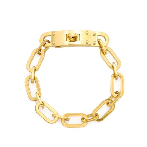18K Gold Plated Turn Lock Bracelet，Classical Fashion Stainless Steel Chain Bracelet for Men and Womens