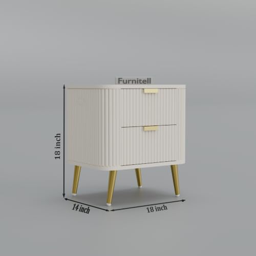Image of Premium HDMR Wood Bedside Table with 1 Drawer & Open Storage Shelf, Fluted Nightstand with Golden Legs for Bedroom, Modern End Table, for Living Room, White Finish (18 x 14 x 18 Inch)