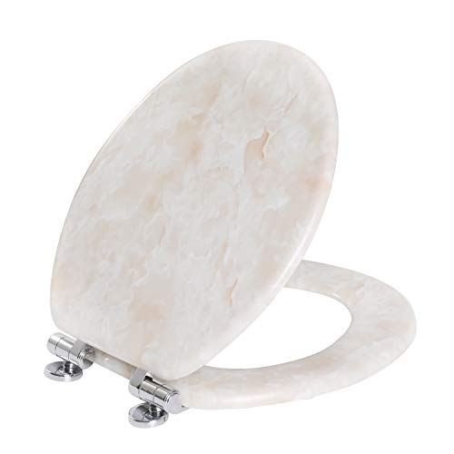 Angel Shield Marble Toilet Seat Durable Molded Wood with Quiet Close,Easy Clean，Quick-Release Hinges (Round,Beige Marble)