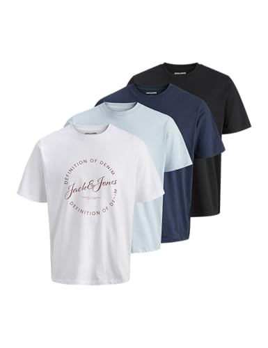 Image of JACK & JONES Men's JJGrayson Crew Neck T-Shirt Pack of 4 – Short Sleeve Cotton Tees, Regular Fit, Navy Blazer Colour, UK Size - S