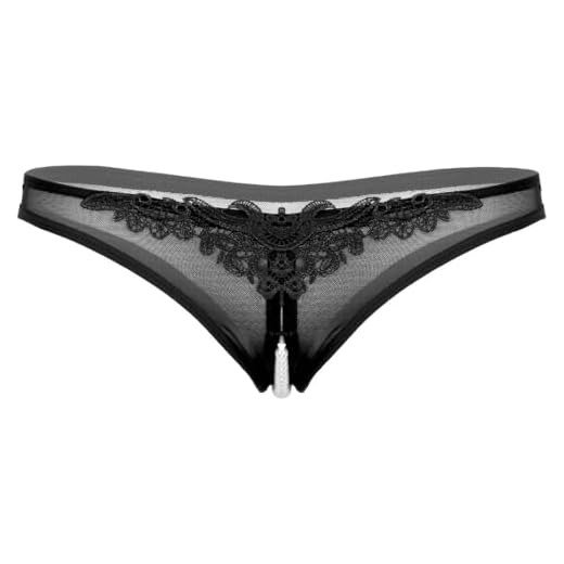 inlzdz Perlen String Damen Spitze Unterwäsche Perlenstring Niedrig-Taille Nahtlose Schlüpfer Sexy Transparente Erotik Dessous Reizwäsche Schwarz OneSize