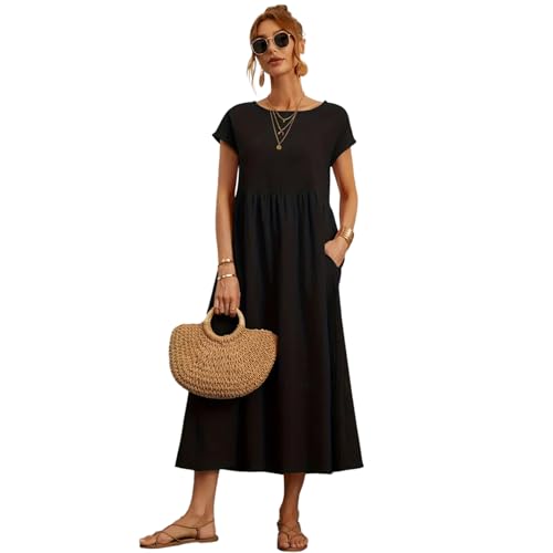 Hanaoops Sommerkleid Damen Lang Kurzarm Rundhals Maxikleid Lose A-Linie Elegant Freizeitkleider Leicht Einfarbig Strandk...