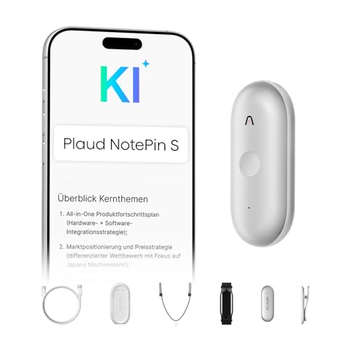Plaud NotePin S Diktiergerät mit taktiler Aufnahmetaste KI Voice Recorder KI-Notizgerät KI-Schreibfunktion & Zusammenfassung Aufnahmegerät Audiorekorder für Meetings 4 Zubehörteile (Mondsilber)