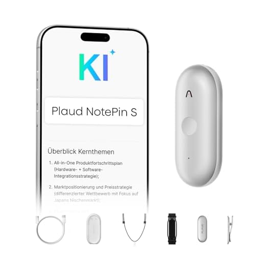 Plaud NotePin S Diktiergerät mit taktiler Aufnahmetaste KI Voice Recorder KI-Notizgerät KI-Schreibfunktion & Zusammenfassung Aufnahmegerät Audiorekorder für Meetings 4 Zubehörteile (Mondsilber)