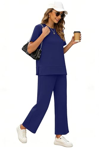 Image of XIEERDUO Women's Side Slit Lounge Sets 2026 Fashion 2 Piece Travel Outfits Cozy Loungewear Wide Leg Tracksuits S-3XL