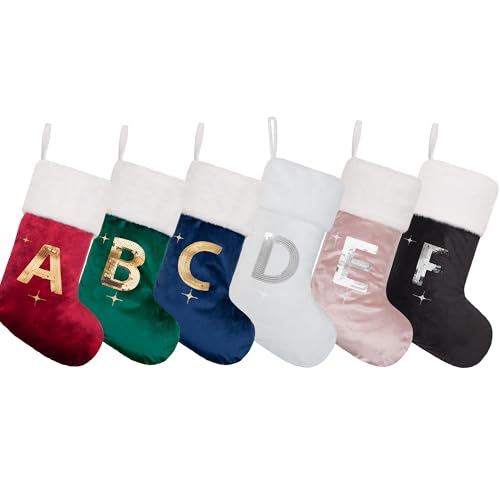 BHD BEAUTY Meias de Natal Iniciais Veludo Azul Lantejoulas Douradas Pele Sintética Macia 50 cm Borda