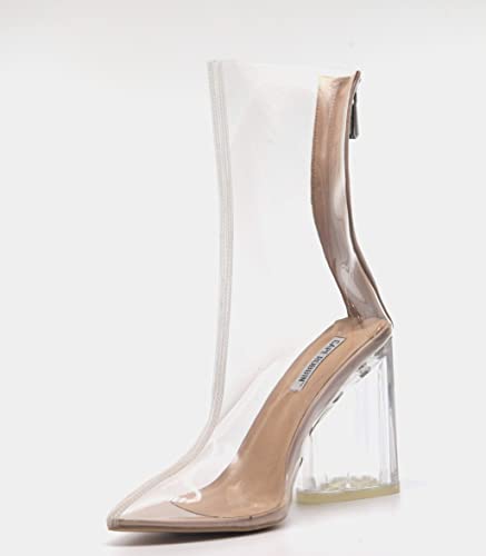 Cape Robbin Crystal Glaze Womens Perspex Lucite Clear Pointy Toe Chunky Heel Ankle Boots,Nude,8.5 #TOP3