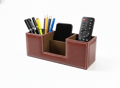 Image of LUVYANSH Pen Stand Compact Desk Organiser Faux Leather Rectangular Stylish Design Use for Storage | Home | Kitchen | Make Up | Card | Mobile | Stationary (Brown)