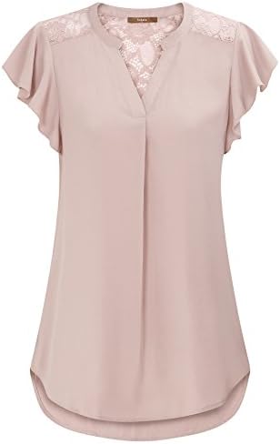 Gaharu Womens Blouses and Tops, V Neck Blouses for Women Short Sleeve Pink Lace Blouses Tunic Chiffon Coolness Work Tops for Summer Dark Pink,XXL