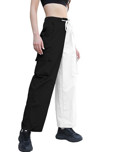 Image of Betusline Girls & Women's High Waist Wide Leg Cargo Pants Y2K Parachute Pants with Pockets and Drawstring 6 Years-Women 2XL