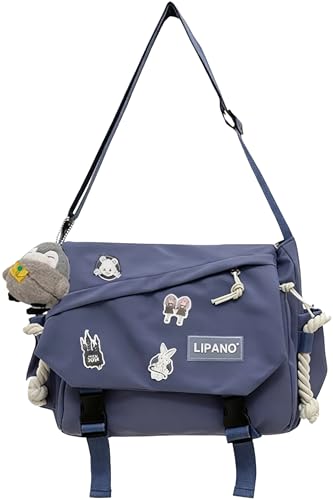 Image of Aesthetic Crossbody Bag with Cute Pins and Ornament, Nylon Shoulder Messenger Bag Japanese Kawaii Bag for Women Men