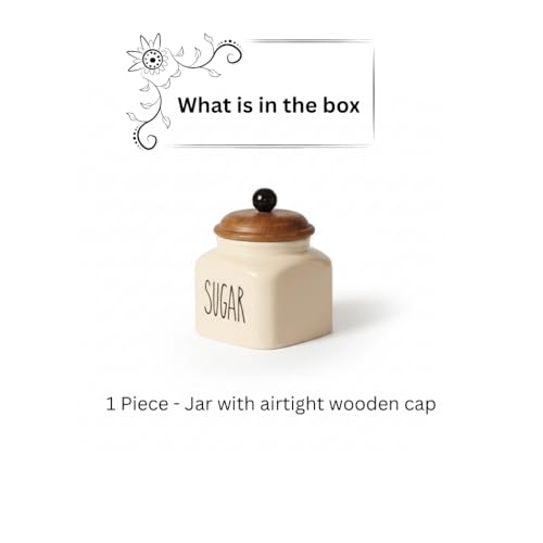 Image of Ceramic Sugar Jar Container Airtight Kitchen Storage Containers with Wooden Lids - Handcrafted Ceramic Canisters for Countertop, Pantry & Home Decor - 600ml, Beige