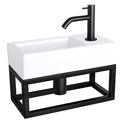 Differnz Ravo Lavabo avec Porte-Serviettes - Lave Main WC - Céramique Blanc Brillant - Vasque - Robinet Courbé Noir Mat - Ensemble Complet - 38,5 x 18,5 x 9,5 cm