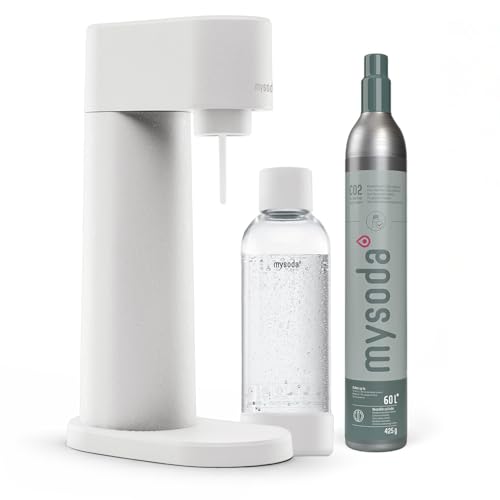 Mysoda: Woody Set - Wassersprudler aus erneuerbarem Holzkomposit mit 1L Quick-Lock BPA-freier Plastikflasche und CO2-Zylinder - Weiß
