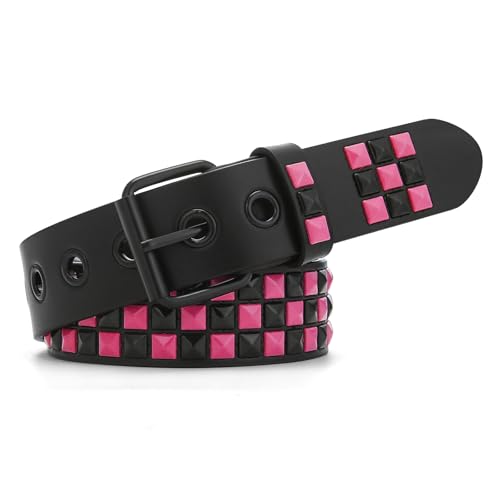 SNCEAW Studded Belt, Metal Punk Rock Rivet belt with Bright Pyramid Studded for Women Men (Fuchsia, Fit Pant 31-36 inch)