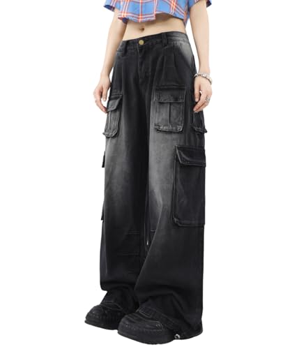 Cargo Pants with Pockets Men Women Baggy Jeans Y2k Wide Leg Grunge Loose Jeans Clothes Streetwear Black4