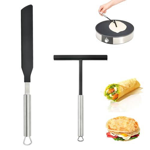 Eidoct 2 Pcs Stainless Steel Crepe Spreader & Crepe Spatula Kit, Crepes Distributor & Spatula, Pancake Crepe Tools, T- Shaped Batter Spreaders & Crepe Spatula, for Kitchen, Bakery, Pancake Stand