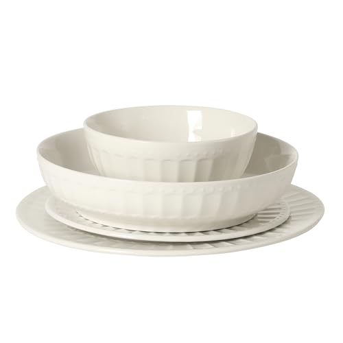 Image of Gibson Home Melbourne White Plates and Bowls Set, 16 Piece Embossed Ceramic Dinnerware Set - Service for 4 Dishes - With Pasta Bowl