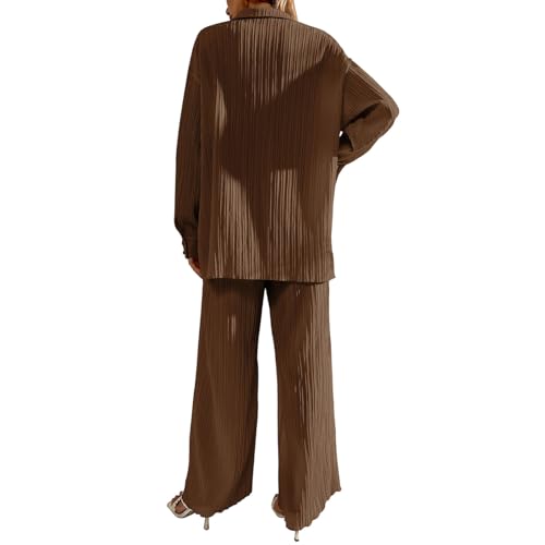 Women's 2 Piece Textured Sets Casual V Neck Button Down Collared Shirt and Wide Leg Pants Outfits Loungewear Tracksuit4