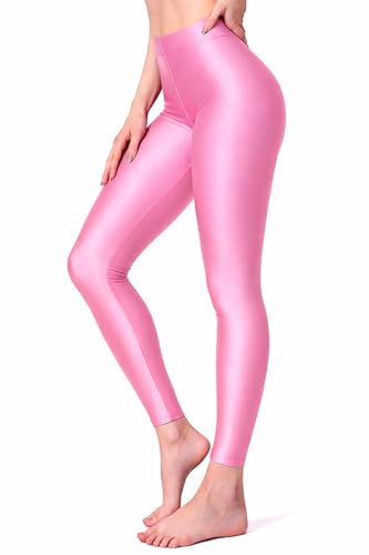 Lilax Womens High Waisted Leggings Shiny Workout Yoga Pants (Pink L)