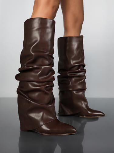 Image of Oiamenne Women's Fold Over Boots Slouch Wide Calf Knee High Boots | 3.15 inch Wedge Heel, Pointed Toe Tall Boots, Pull-on, Faux Leather Boots for Party Daily Wear