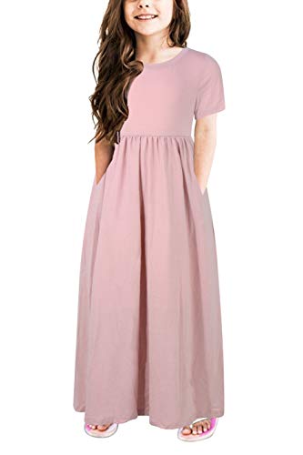 GORLYA Girls Modest Casual Maxi Dress with Pockets 4-14Y(Pink,4Y)