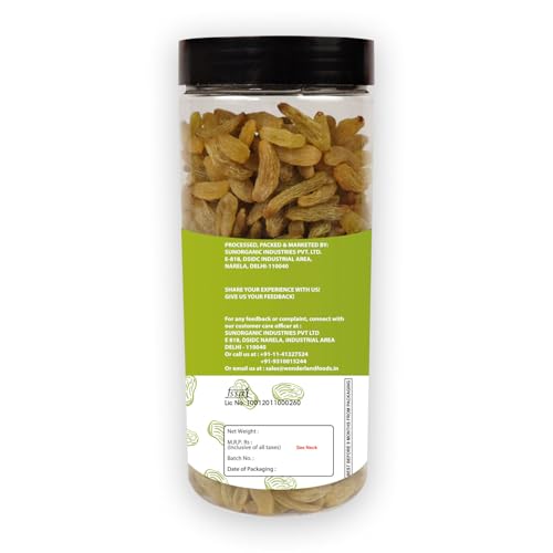 Wonderland Foods 500g Long Green Raisin (Kishmish) Dried Grapes Jar | Healthy Nutritious & Delicious | Rich in Iron & Vitamin B | Healthy Sweet Treats