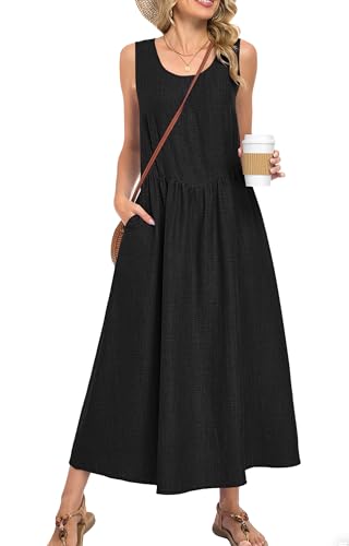 MOLERANI Women’s Summer Maxi Dress Sleeveless A-Line Flowy Sundress Elastic Waist Lightweight Breathable Casual Beach Vacation Outfit Round Neck Resort Wear Wear Black 2XL