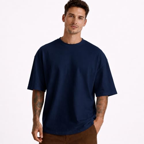 Image of Men's Oversized Round Neck Cotton T-Shirt for Men | Premium Soft Cotton Casual Loose Fit Half Sleeve Plain Tee Shirt