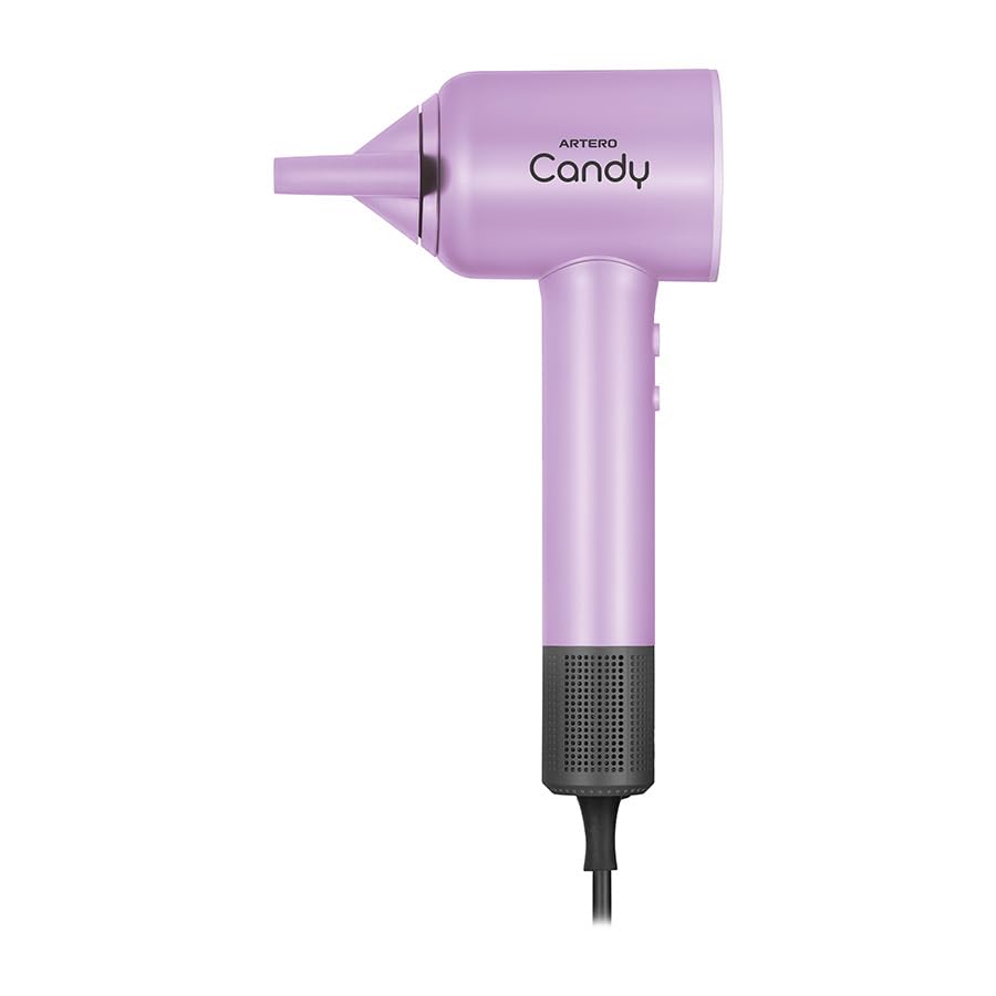 ARTERO Candy Profesjonalna suszarka do włosów fryzjerskich i fryzjerskich — silnik bezszczotkowy BLDC 1600 W, cicha, ultralekka 380 g, kompaktowa, ergonomiczna, magnetyczna dysza (fioletowa)