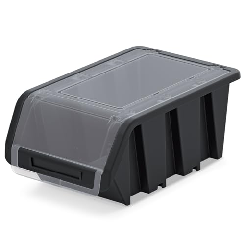 B2C Storage Bins Plastic Order Picking Parts Boxes Lid Scooped Front Stackable Wall Garage Workshop Tool Container (With lid, M - 195x120x90mm)