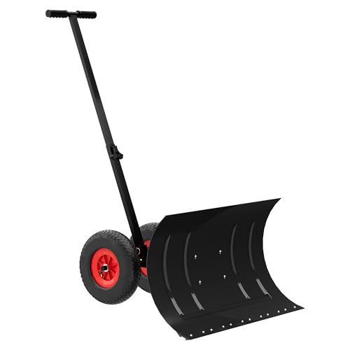 Large Black Wheeled Snow Shovel for Driveway - Heavy Duty Adjustable Snow Pusher with 5-Position Angle & Height Handle - Ergonomic Design for Back-Save Effort Snow Removal, 30