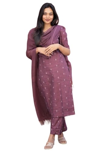 Image of ANNI Designer Women's Purple Printed Kurta Set | Pure Viscose 3 Piece Ethnic Suit Set with Pant & Dupatta | Festive for Women | Cotton Kurta Sets for Woman