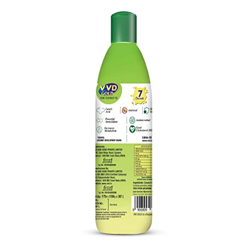Image of VVD 175 ml Gold Pure Coconut Oil 175ml Bottle (Pack of 8) | For nourishing Hair Care and Growth | nariyal tel coconut oil for hair