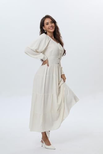 Image of OSTOO Women's 2026 Casual Long Sleeve Square Neck Smocked High Waist Flowy Maxi Dress,Boho Tiered Beach Party Dress