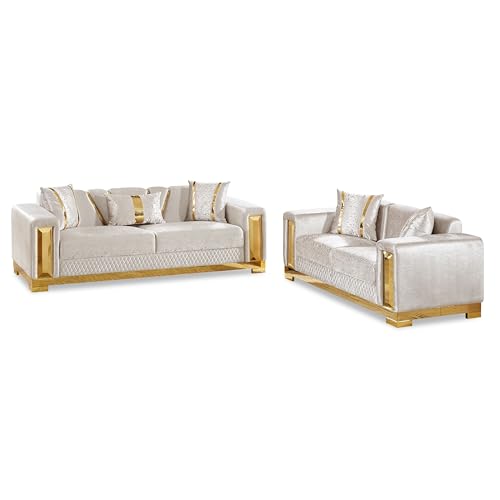 Image of Furniture of America Samison II Glam 2-Piece Solid Wood Upholstered Sofa Set with Accent Pillows, Damask Pattern and Gold Base, Comfortable Couch and Loveseat for Living Room, Bedroom, Office, Beige