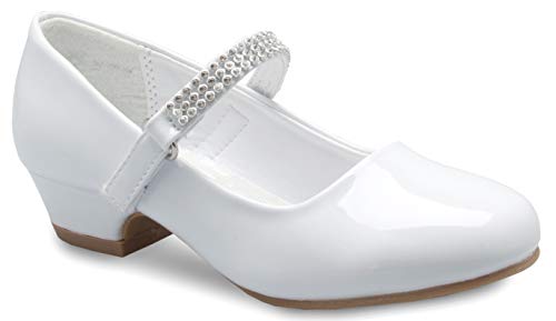 Olivia K Girls Kitten Heels Mary Jane Shoes - Round Toe with Rhinestone Strap- Easy on Off