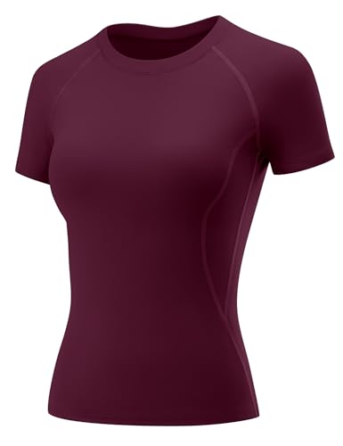 Rapbin Sport T-Shirt Damen,Kurzarmshirt WorkoutTops,Rundhalsausschnitt Atmungsaktiv Athletisch Sportshirt Laufen Gym Yoga Top Fitness Oberteil Rotwein S
