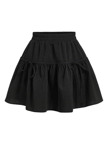 OYOANGLE Women's Cute Bow Skirt Elastic Waist Ruched Ruffle A Line Short Skirts