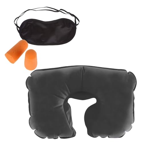 Image of Travel Kit Combo - Inflatable Neck Pillow, Soft Eye Mask & Earbuds for Airplane, Car & Train - Travel Accessories Set (Grey)
