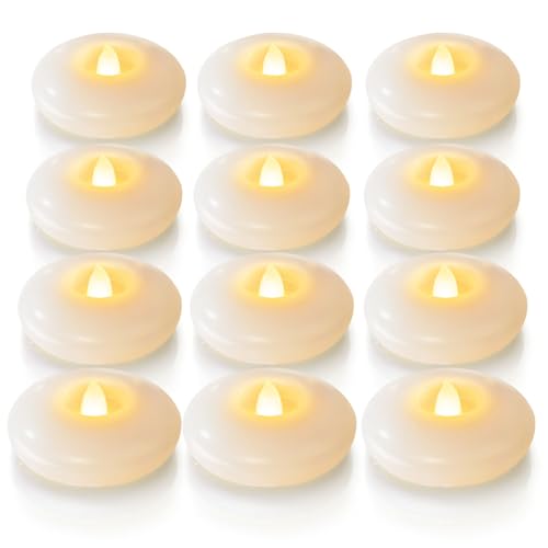 Image of Homemory 12 Pack 3 inch Flameless Led Floating Candles, 200 Hour White Battery Operate Waterproof Tealights for Cylinder Vases, Centerpieces at Wedding Decor, Party, Pool
