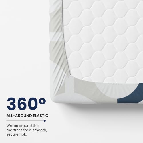 Image of LORETO - A QUALITY LINEN BRAND 144 TC 100% Pure Cotton Single Fitted Bedsheet with 1 Pillow Cover for 72 x 36 Inch Mattress, All-Around Elastic, 8 Inch Deep Pocket, Colonial Blue Matrix